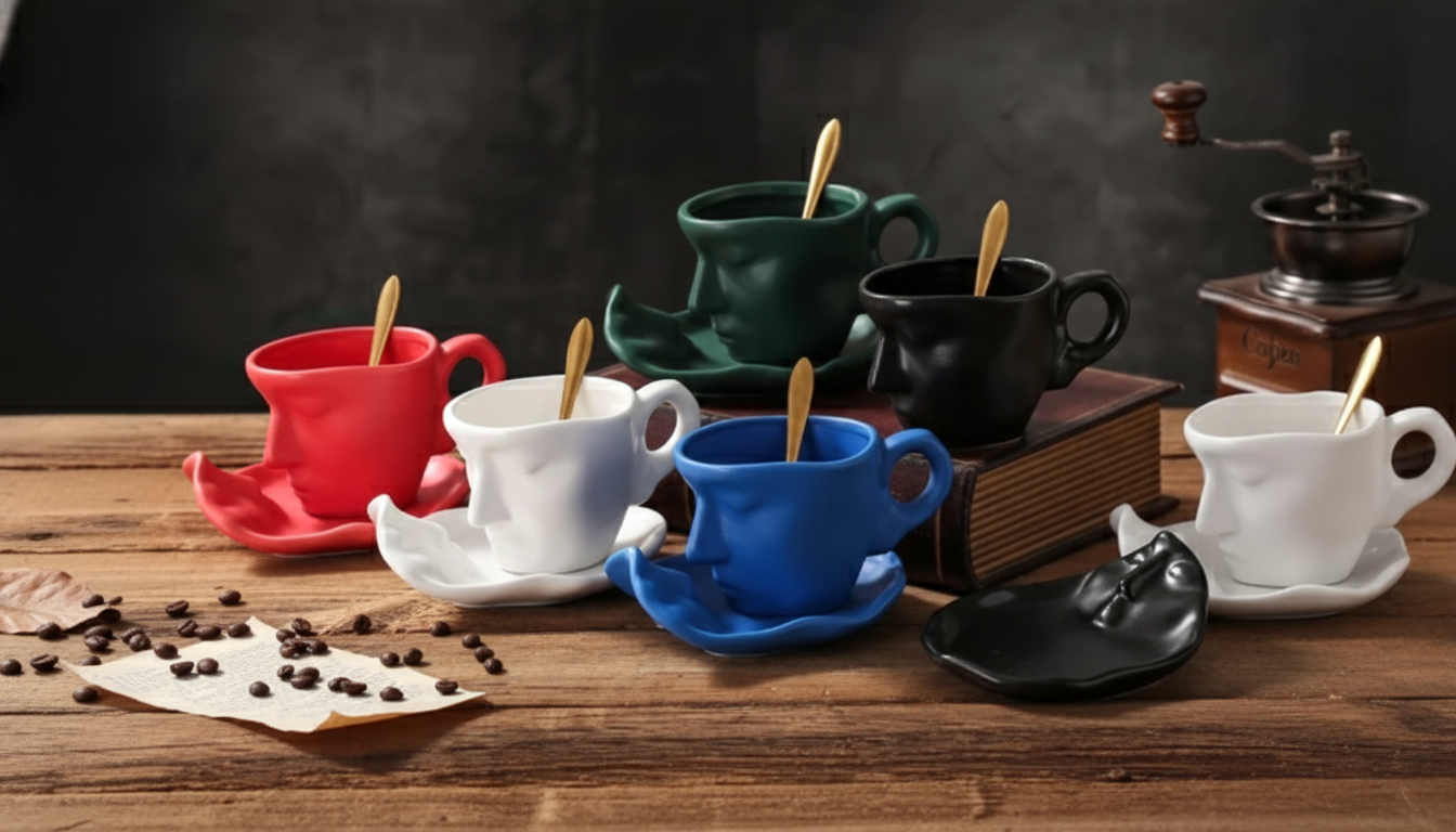 Abstract Face Ceramic Cup & Saucer for Coffee & Tea