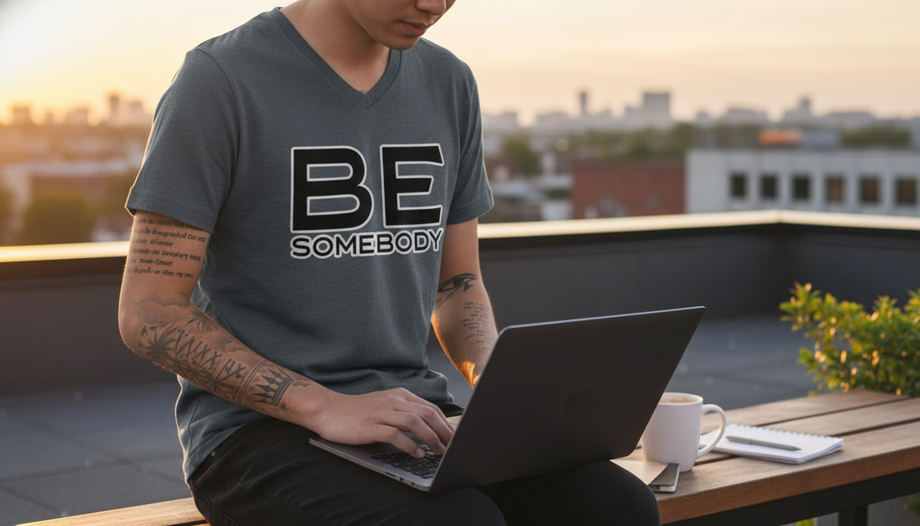 Be Somebody V-Neck Tee: Motivational Graphic, Easy Style