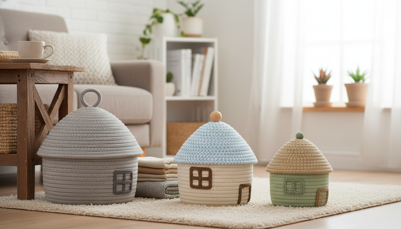 Round Woven Rope Basket with Lid for Easy Hidden Storage