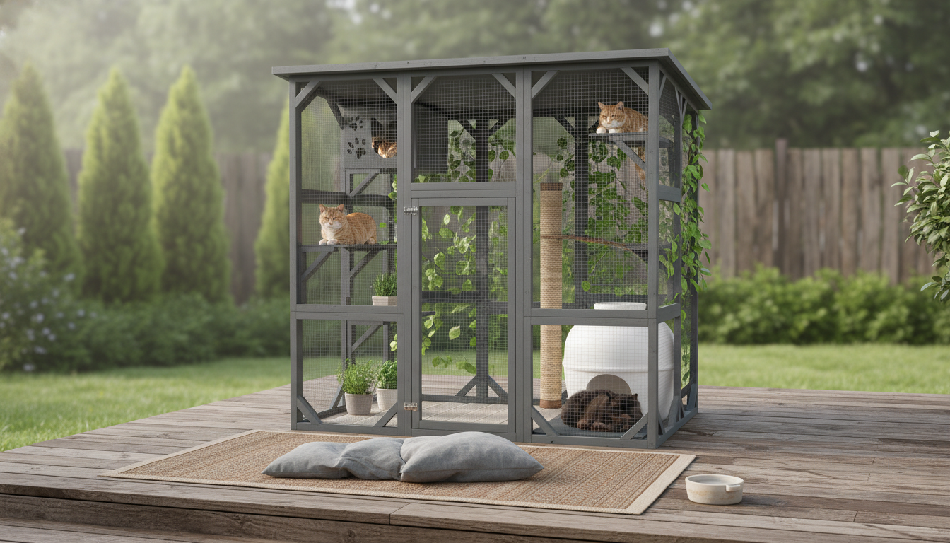 Wooden Outdoor Catio with Platforms, House & Roof