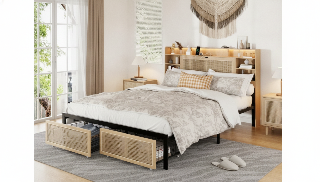 Queen Bed Frame: Storage Headboard, Rattan, LEDs, USB