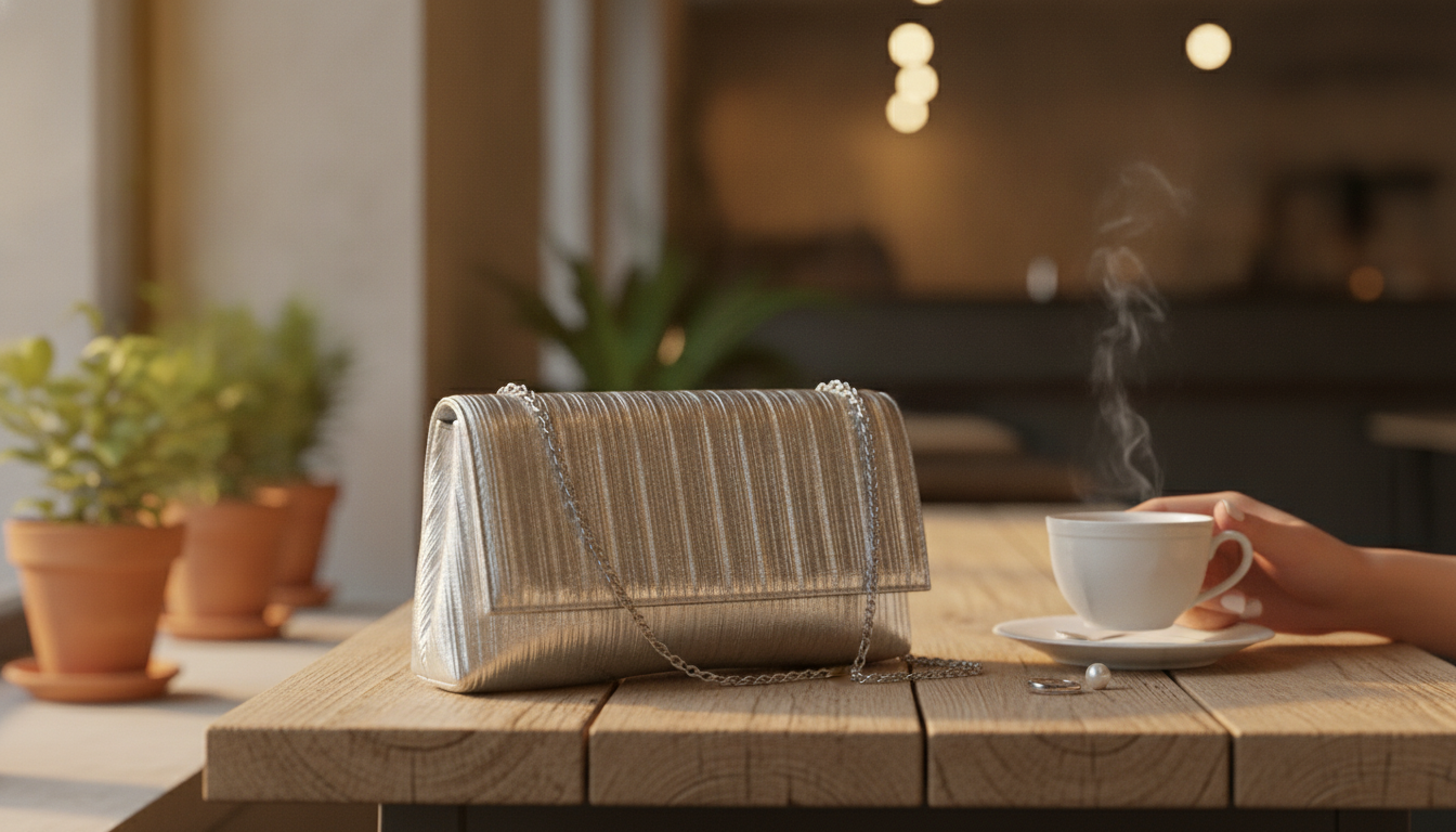 Shiny Silver Vegan Leather Chain-Strap Evening Bag