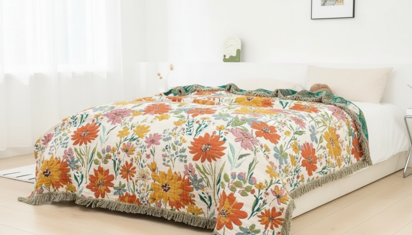 Reversible Floral Cotton Towel Blanket with Tassels